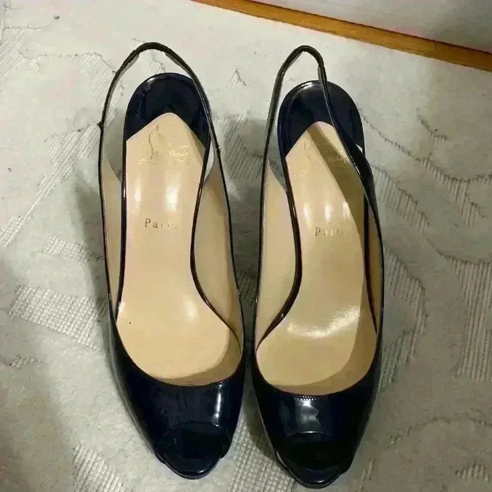 Christian Louboutin Blue Patent Peep-Toe Slingback Heels